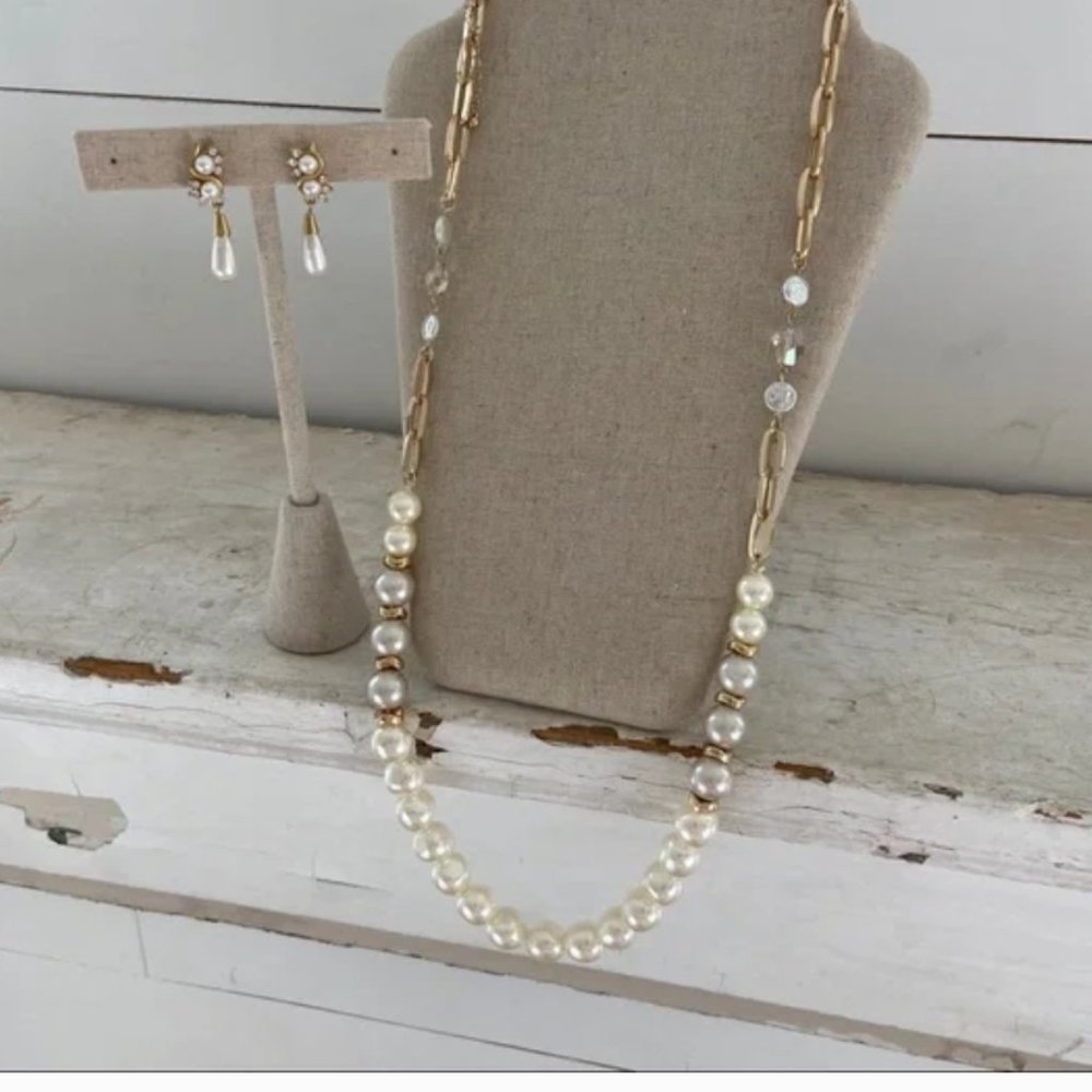 Paperclip Necklace Gold Tone Pearls Brand New AND Pearl Earrings Bundle Jewelry - Picture 13 of 13